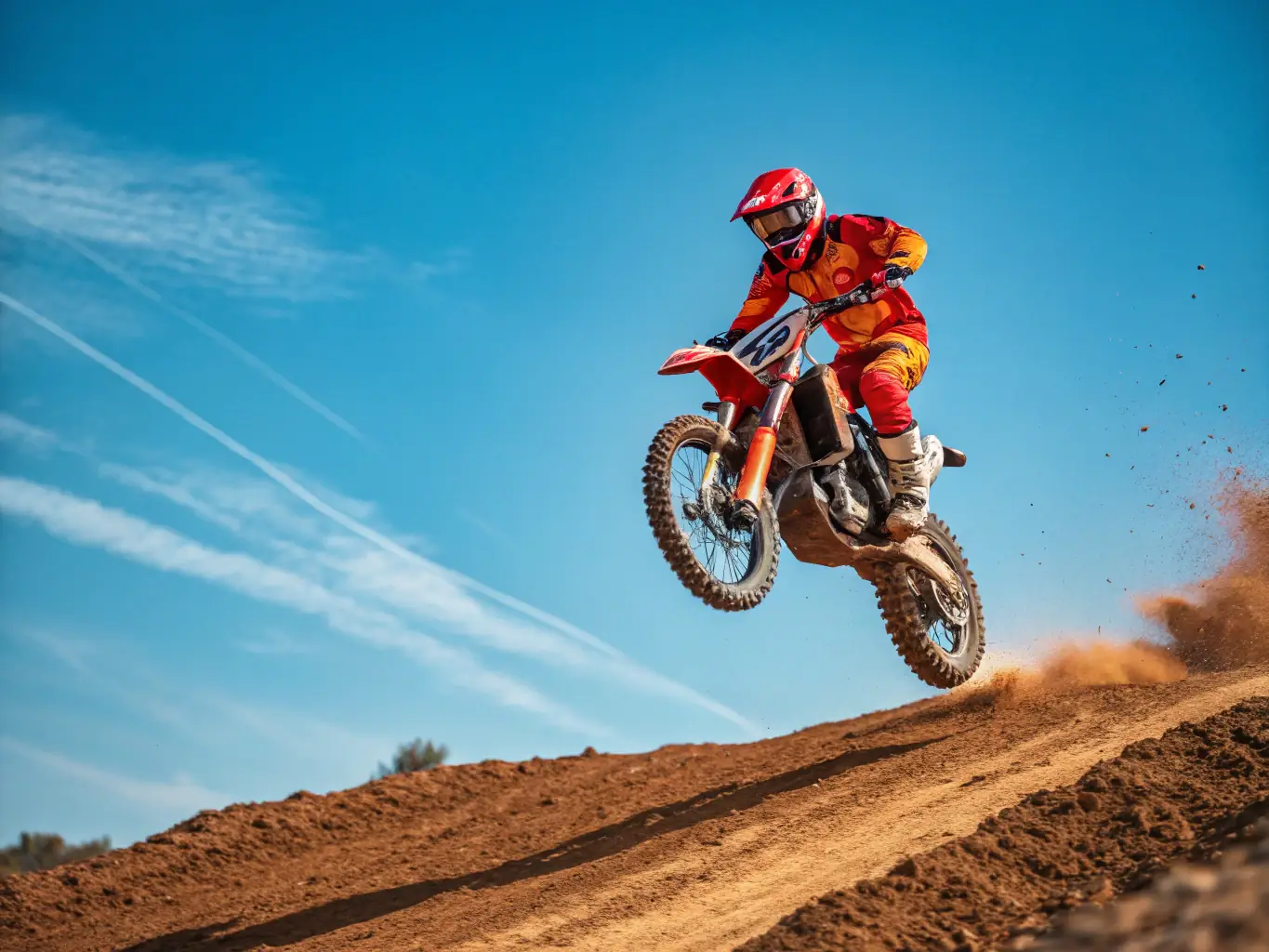 A photograph of a skilled motorcyclist performing a jump on a dirt track, demonstrating the advanced skills taught in the workshops.
