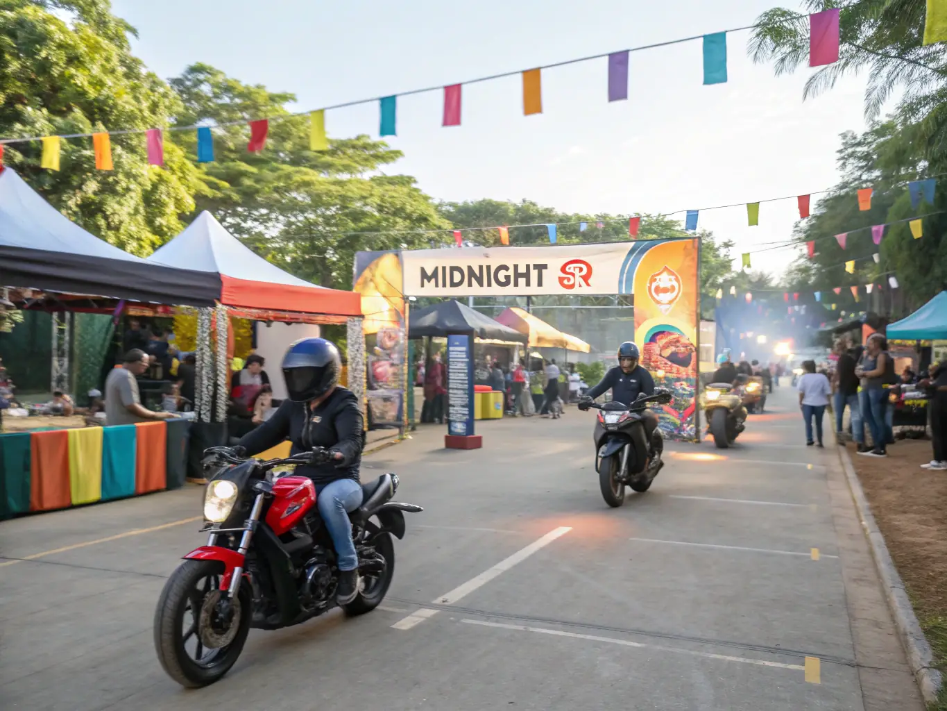 A vibrant scene from a community event organized by MOTO VERTE EVOLUTION, featuring riders, families, and volunteers enjoying various activities.