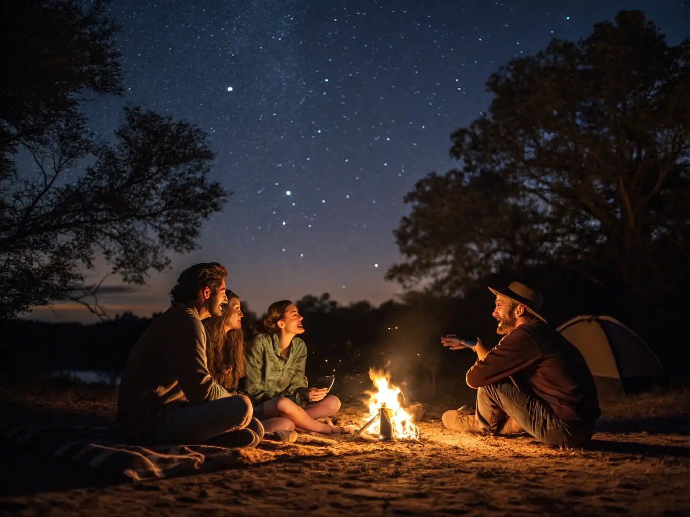 An image of a group of riders gathered around a campfire at a motor sports event, highlighting the community aspect and camaraderie among participants.