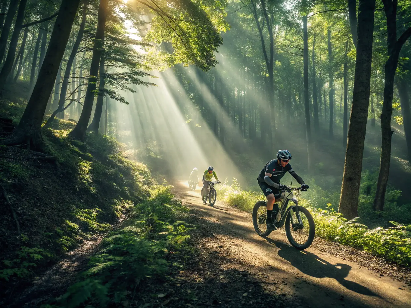 A dynamic shot of a group of off-road motorcyclists riding through a muddy trail in a forest, showcasing the excitement and challenge of off-road riding.