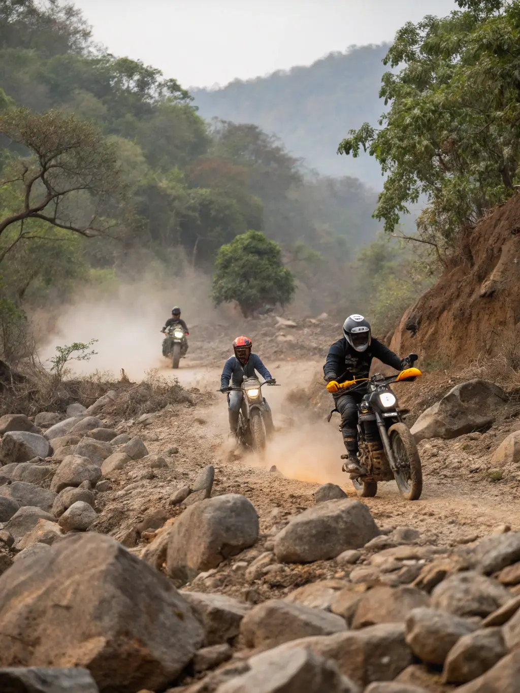 A group of adult riders participating in a guided trail ride organized by MOTO VERTE EVOLUTION, emphasizing responsible use of natural areas and community engagement.