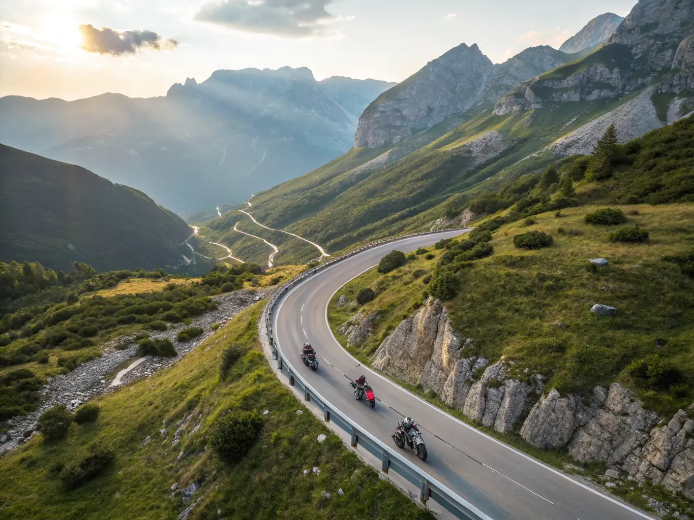 A scenic view of a group of motorcyclists riding through a mountain trail, emphasizing the beauty of nature and the adventure of guided rides.