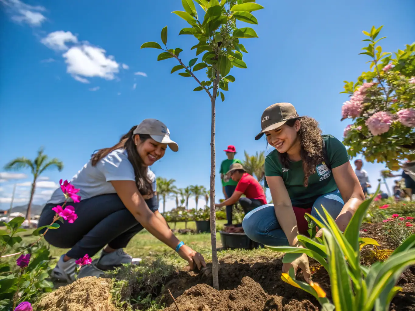 A vibrant image showing volunteers planting trees in a deforested area, symbolizing MOTO VERTE EVOLUTION's commitment to environmental restoration.