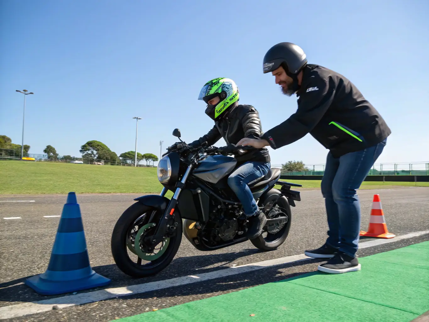A group of riders participating in a beginner's training session on a dirt track, with instructors providing guidance and support.
